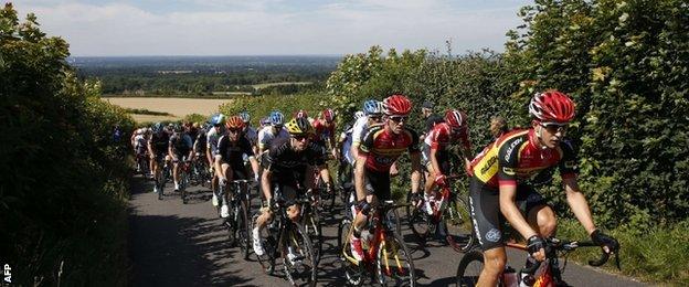 The riders make their way up Staple Lane in Surrey