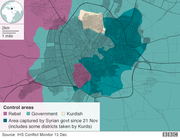 A map showing beseiged areas of Aleppo