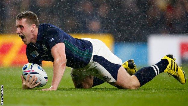 Mark Bennett celebrates scoring for Scotland in their World Cup quarter-final against Australia in 2015