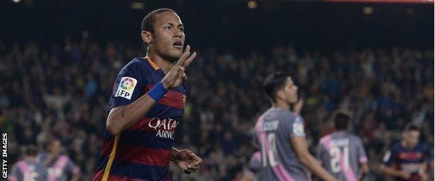 Neymar celebrates his hat-trick against Rayo Vallecano