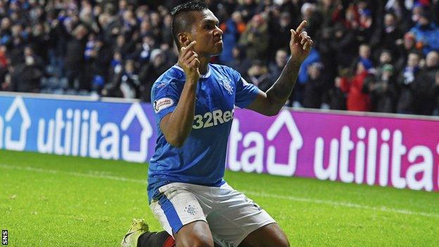 Rangers striker Alfredo Morelos celebrates scoring against Motherwell