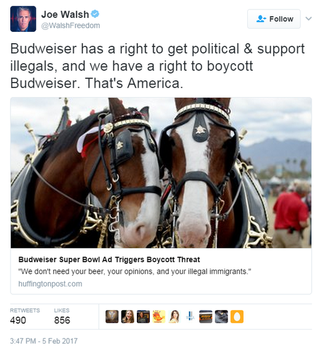 Tweet by Joe Walsh, Budweiser has the right to get political, and support illegals, and we have a right to boycott Budweiser. That's America