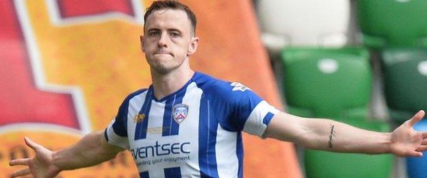 Darren McCauley celebrates after putting Coleraine ahead with a stunning goal just after half-time