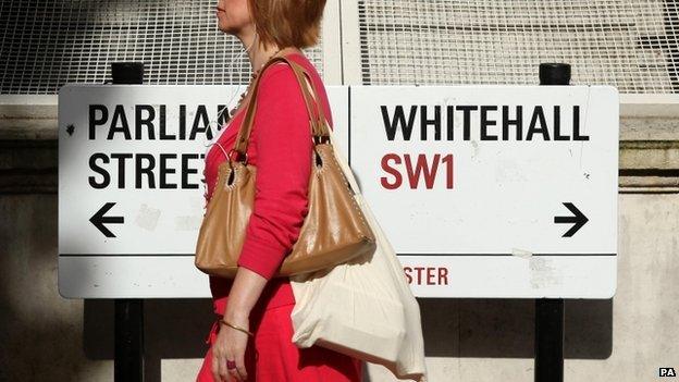 A pedestrian walking past a sign on Whitehall, London