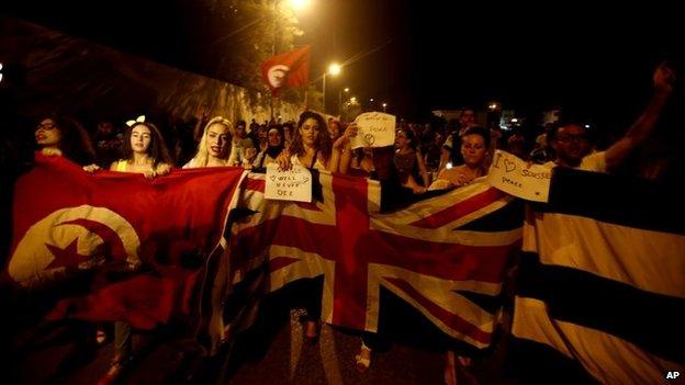 People shouted "Peace" and "Sousse will never die" during a protest against terrorism on Saturday night