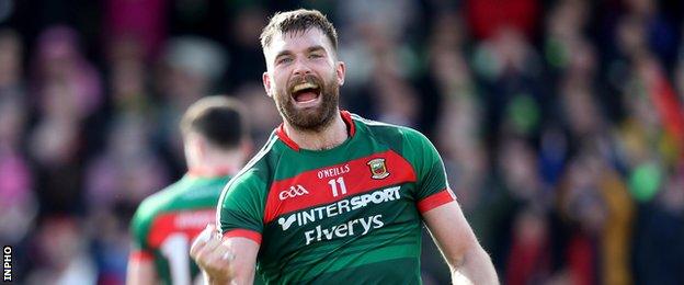 Mayo's Aidan O'Shea celebrates after the final whistle at Ballybofey