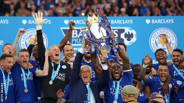 Leicester celebrate winning the Premier League