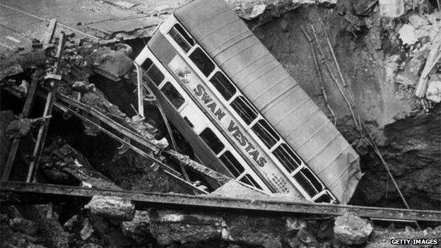 A bus in a bomb crater