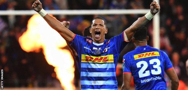 Stormers fly-half Manie Libbok celebrates winning the United Rugby Championship final