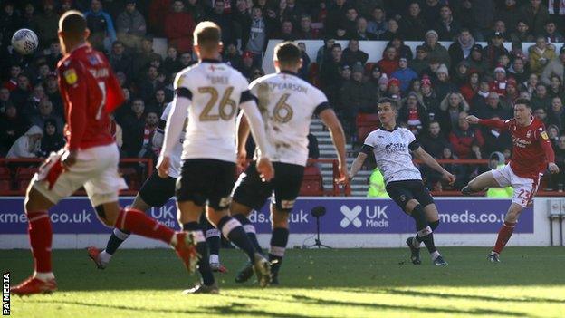 Joe Lolley scores his second goal for Nottingham Forest against Luton