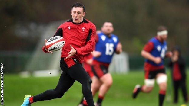 Josh Adams in Wales training on 2 February