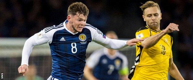 Oliver Burke playing for Scotland against Lithuania