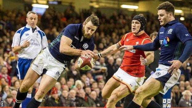 Tommy Seymour scores a try for Scotland against Wales