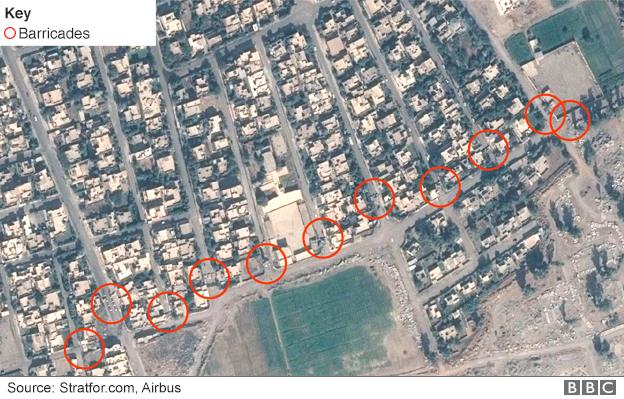 Satellite image showing barricades north of the airport in Mosul