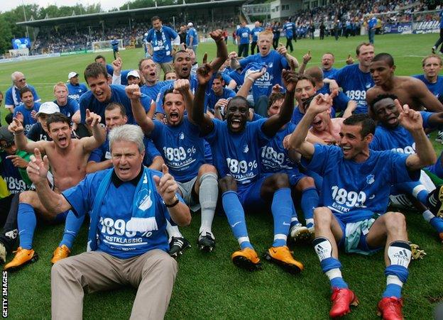 Hoffenheim celebrate winning promotion to the Bundesliga in 2008