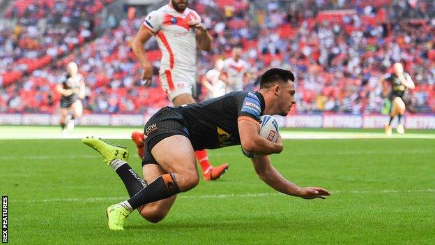 Niall Evalds goes over for the try that helped him win the Lance Todd Trophy as man of the match