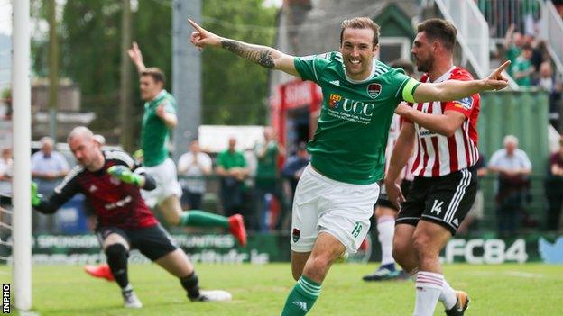 Karl Sheppard runs away in celebration after scoring the first of his two goals against Derry