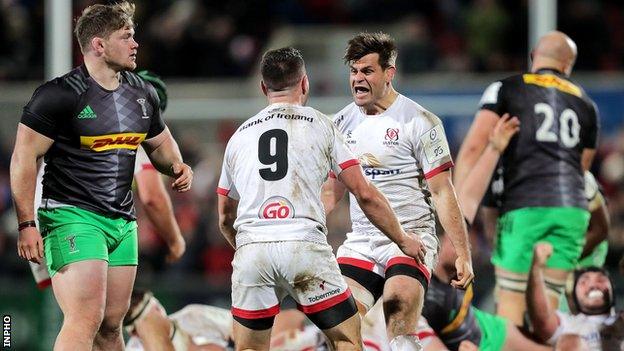 Louis Ludik celebrates with John Cooney after the scrum-half's late penalty earned a 25-24 Champions Cup win over Harlequins