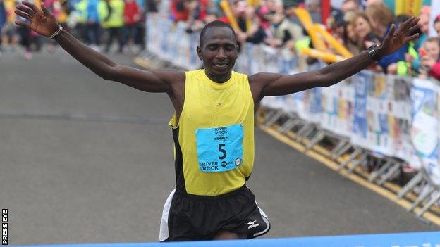 Kenyan Joel Kipsang celebrates as he clinches Belfast victory in 2016