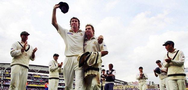 Glenn McGrath and Shane Warne walk off at The Oval in 2005