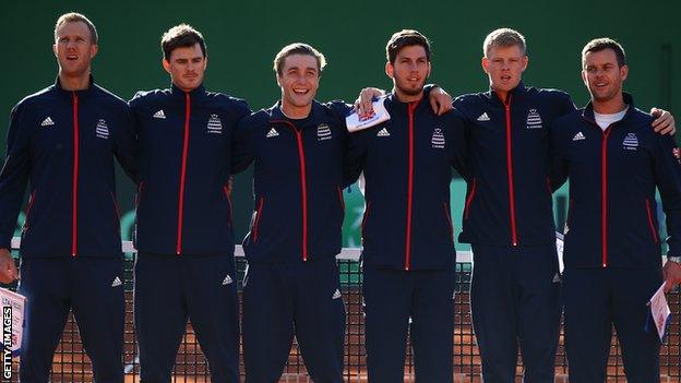 GB's Davis Cup team that lost to Spain. From left to right: Dominic Inglot, Jamie Murray, Liam Broady, Cameron Norrie, Kyle Edmund and captain Leon Smith