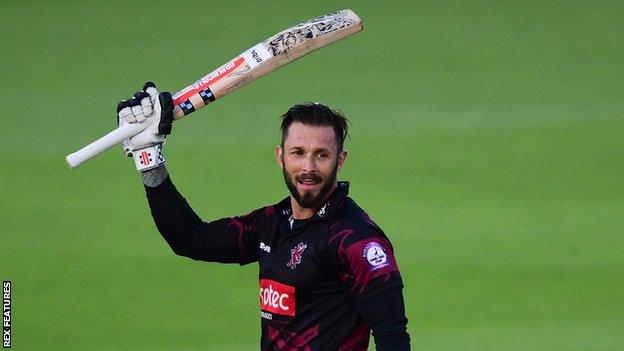 Peter Trego celebrates his 100 for Somerset against Hampshire