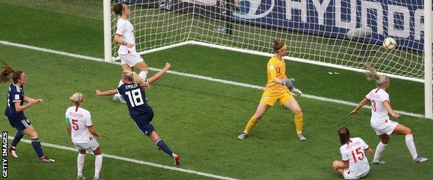 Claire Emslie scores for Scotland against England