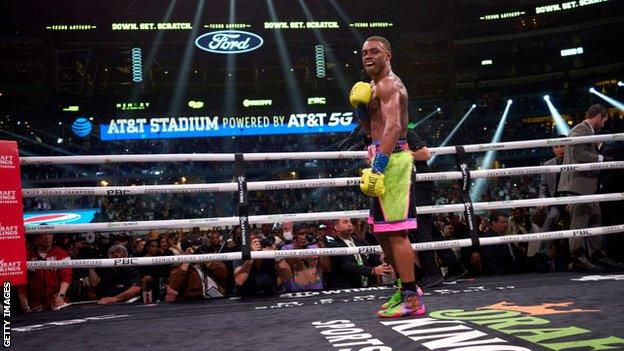 Errol Spence Jr stands in the ring following his stoppage of Yordenis Ugas