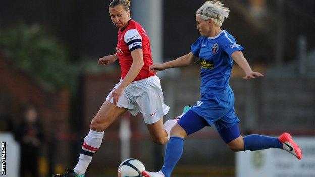 Jayne Ludlow of Arsenal closes down Jess Fishlock of Bristol during the FA Women's Super League match between Arsenal Ladies FC and Bristol Academy Women's FC