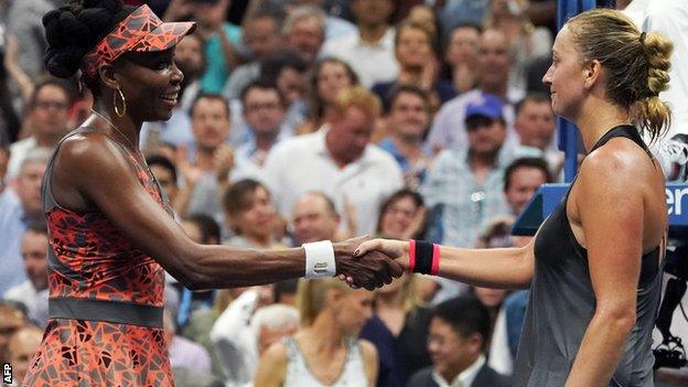 Venus Williams and Petra Kvitova shake hands a the end of their match