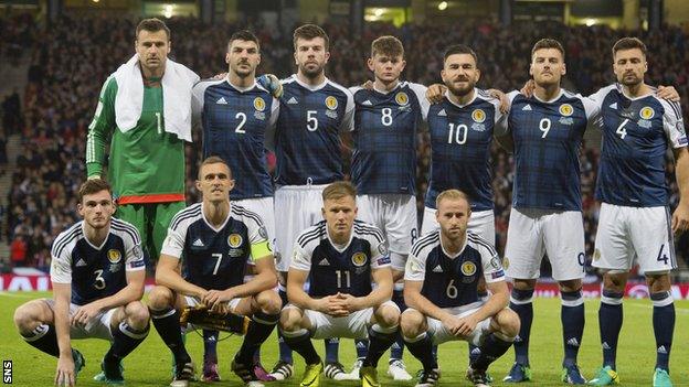 Scotland's players pose for an official team photo before the game