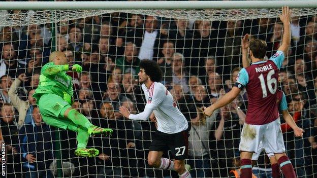 Marouane Fellaini scores for Man United against West Ham