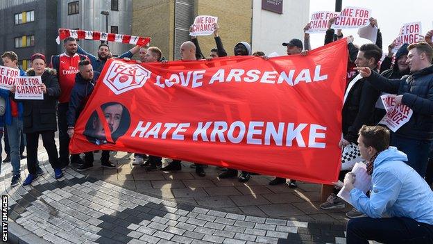 Arsenal fans display a message for owner Stan Kroenke prior to their Premier League match against Norwich in 2016