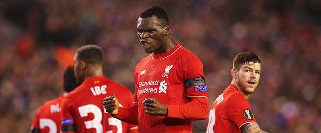 Liverpool forward Christian Benteke celebrates scoring against Bordeaux