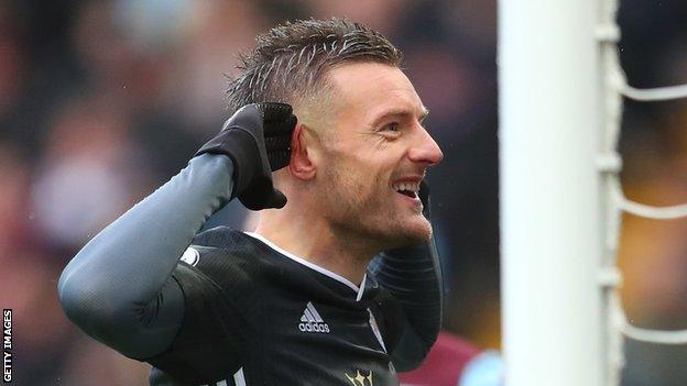 Leicester's Jamie Vardy celebrates scoring against Aston Villa earlier this month