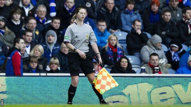 Lorraine Watson runs the line at Ibrox in 2013