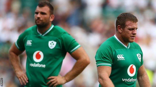 Tadhg Beirne and Sean Cronin show their disappointment after the final whistle at Twickenham