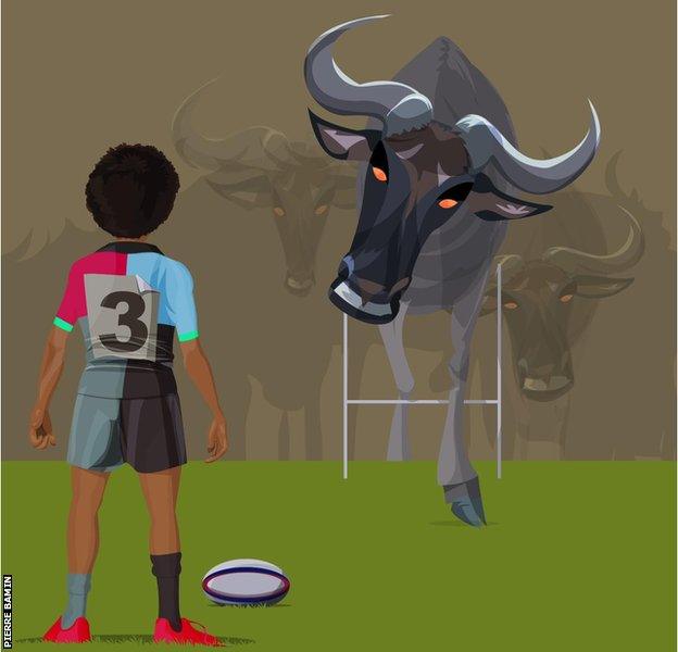 A graphic of Shaunagh in Harlequins kit with a bull coming towards her