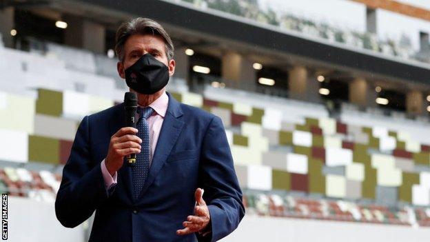 Lord Coe speaks at Tokyo's National Stadium