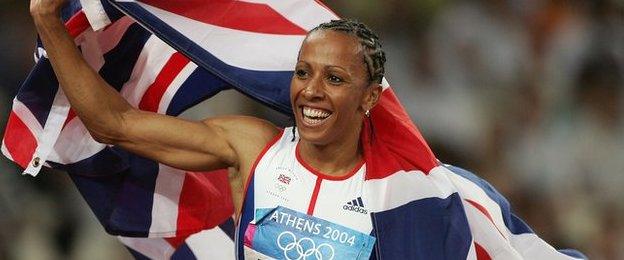 Kelly Holmes of Great Britain celebrates after winning gold at the Athens 2004 Summer Olympic Games