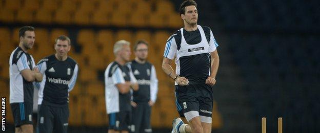 Steven Finn of England runs into bowl during a nets session at the R. Premadasa Stadium on November 25, 2014 in Colombo, Sri Lanka.