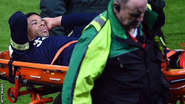 Curtis Davies of Derby County is stretchered off during the Championship match between Stoke City and Derby County