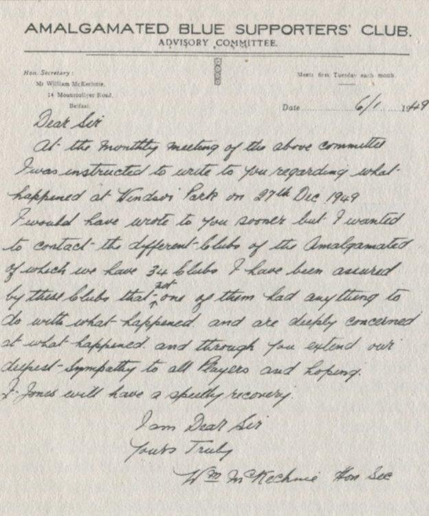 Get well soon! A letter expressing sympathy for the events at Windsor Park on 27 December, 1948