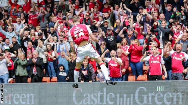 Paul Mullin celebrates after scoring for Wrexham