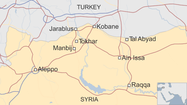 Map of Syria showing location of Manbij and Tokhar