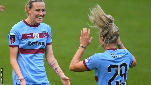 West Ham Women players Emily van Egmond (left) and Rachel Daly (right) celebrate a goal