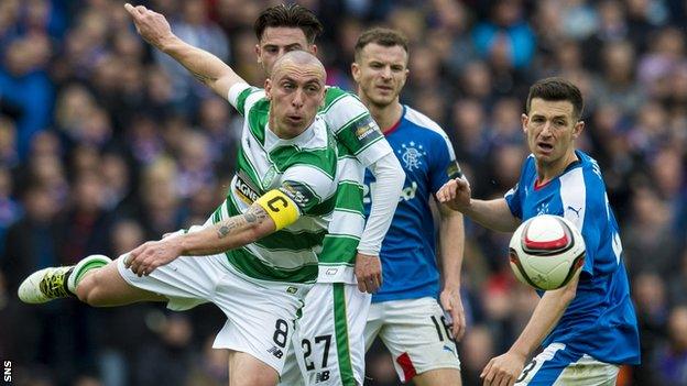 Celtic captain Scott Brown lets fly against Rangers in their recent Scottish Cup semi-final