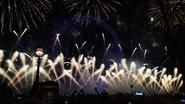 Firework display overlooking the London Eye in London, England, UK