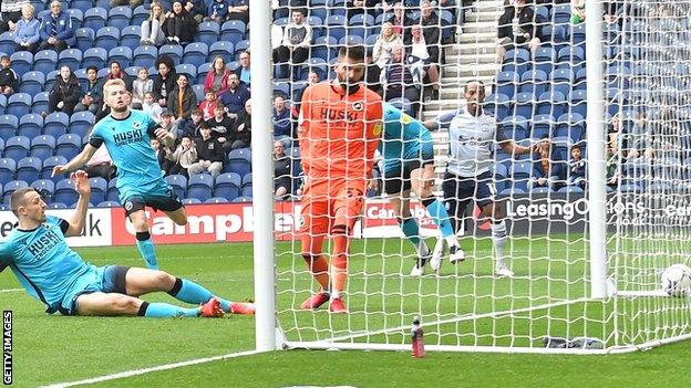 Murray Wallace scores an own goal for Millwall at Preston