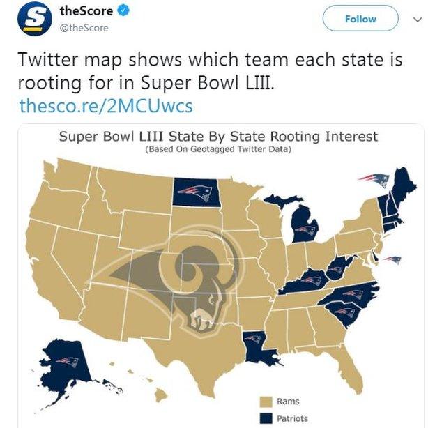 Tweet with Super Bowl LIII 'rooting interest' map